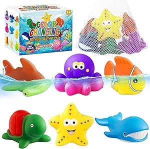 Color Changing No Hole Bath Toys for Toddlers 2-4, Bath Toys for Kids Ages 1-3 4-8, Ocean Animal Toys with Drying Bag, Pool Toys Water Toys Water Table Toys Sea Animal Toddler Toys 2-4