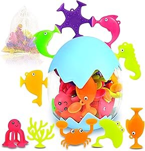 Suction Bath Toys for Kids, 18 Pcs Silicone Ocean Animal Suction Cup Toys with Eggshell & Bag, No Hole Mold Free Bath Toy, Sensory Window Building Toys for Toddlers Boys Girls 3 4 5 6 Year Old