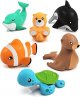 Tub Works? Marine? Mold Free Bath Toys, 6 Pack | Sealed, No Hole Bath Toys Design Keeps Moisture Out | Soft, Squeezable & Float on Water | Easy-Grip Baby & Toddler Bath Toy Set | Great Baby Pool Toys