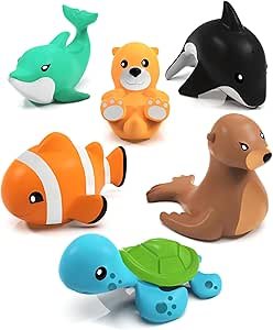 Tub Works? Marine? Mold Free Bath Toys, 6 Pack | Sealed, No Hole Bath Toys Design Keeps Moisture Out | Soft, Squeezable & Float on Water | Easy-Grip Baby & Toddler Bath Toy Set | Great Baby Pool Toys